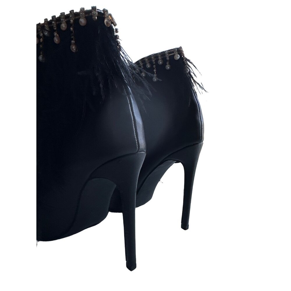 Feather Rhinestone Sexy Lace Heels Jubilee Ankle Bootie Black Peep Toe Pearl 7.5 - Picture 7 of 11